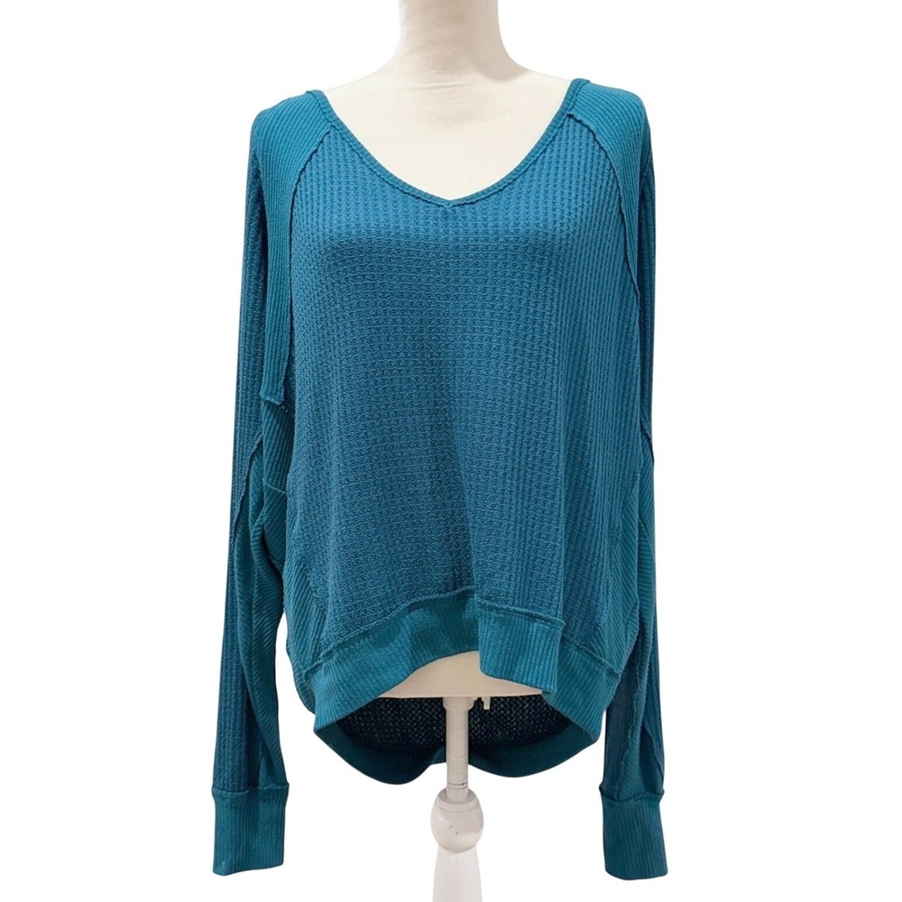 We The Free Small TEAL Santa Clara Waffle Thermal Top Slouchy V Neck Cozy Fall